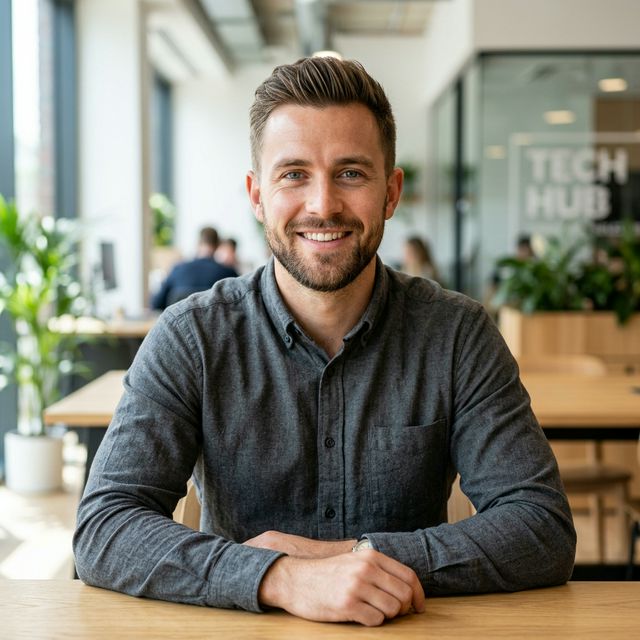 FlowGen Studios founder at a modern tech hub workspace