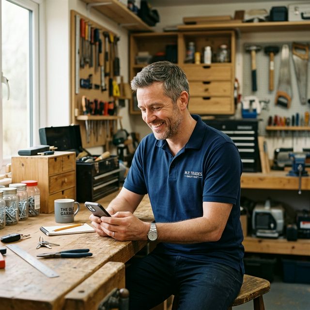 Tradesperson checking FlowGen on their phone in their workshop